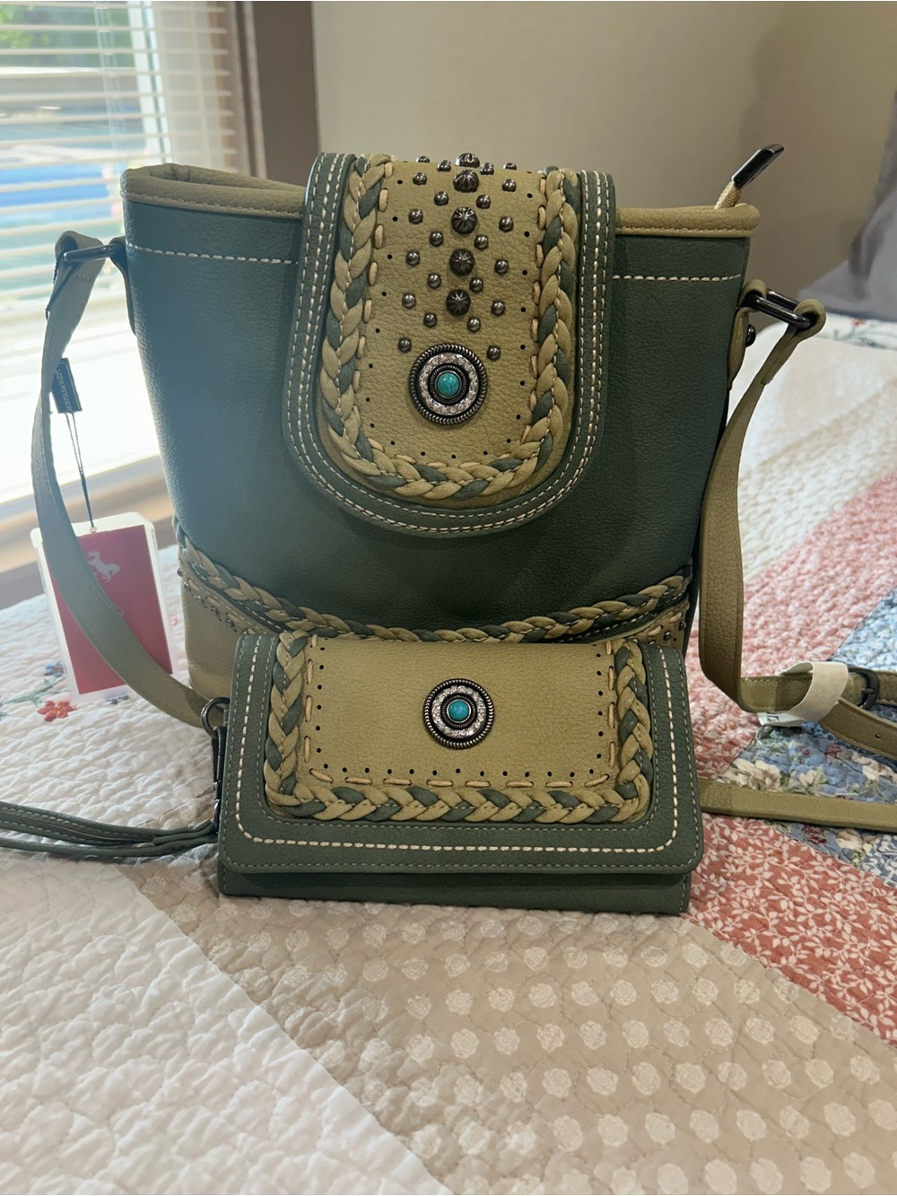 Women’s Braided Accent Crossbody Bag in Olive Green and Tan